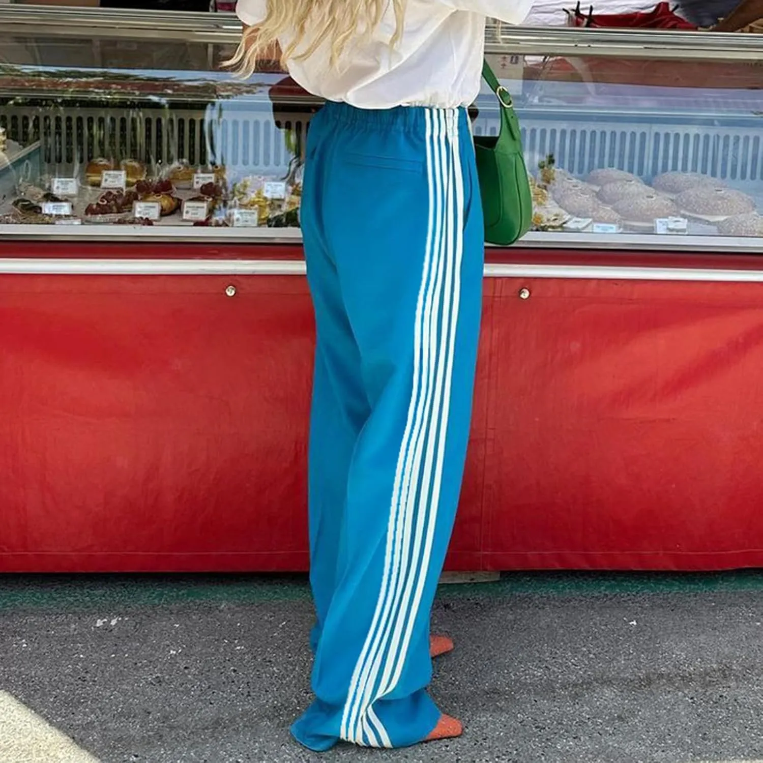 Women Striped Side Track Pants Y2k Baggy Wide Leg Jogger Sweatpants Elastic High Waist Parachute Cargo Trousers
