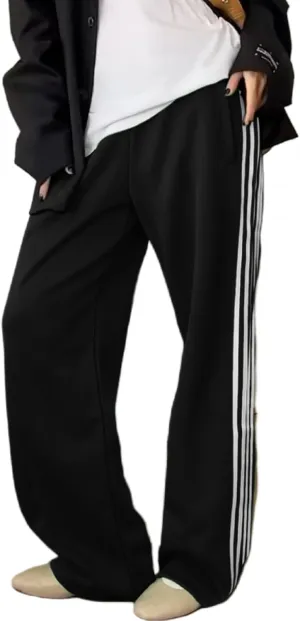 Women Striped Side Track Pants Y2k Baggy Wide Leg Jogger Sweatpants Elastic High Waist Parachute Cargo Trousers