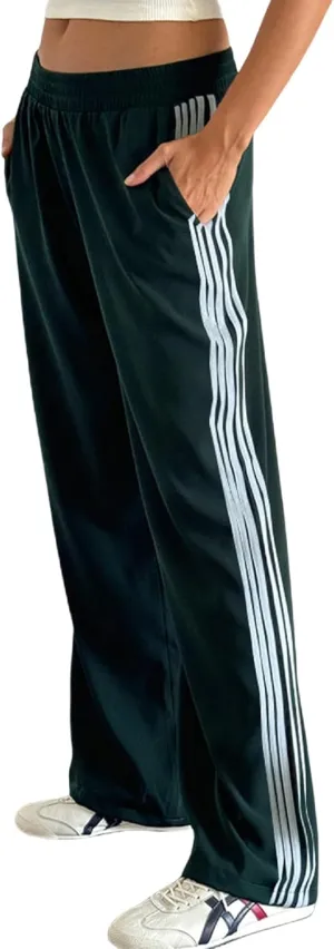 Women Striped Side Track Pants Y2k Baggy Wide Leg Jogger Sweatpants Elastic High Waist Parachute Cargo Trousers