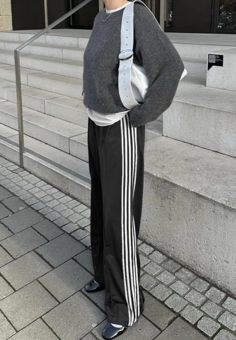 Women Striped Side Track Pants Y2k Baggy Wide Leg Jogger Sweatpants Elastic High Waist Parachute Cargo Trousers
