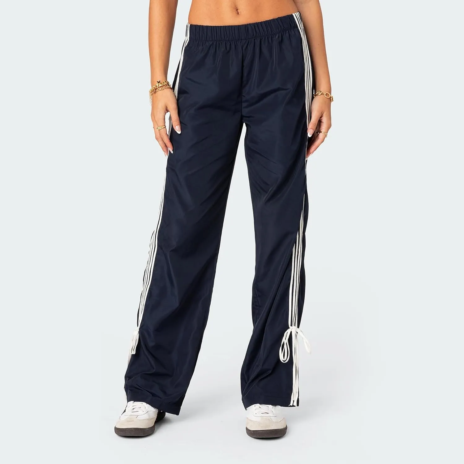 Women Striped Side Track Pants Y2k Baggy Wide Leg Jogger Sweatpants Elastic High Waist Parachute Cargo Trousers