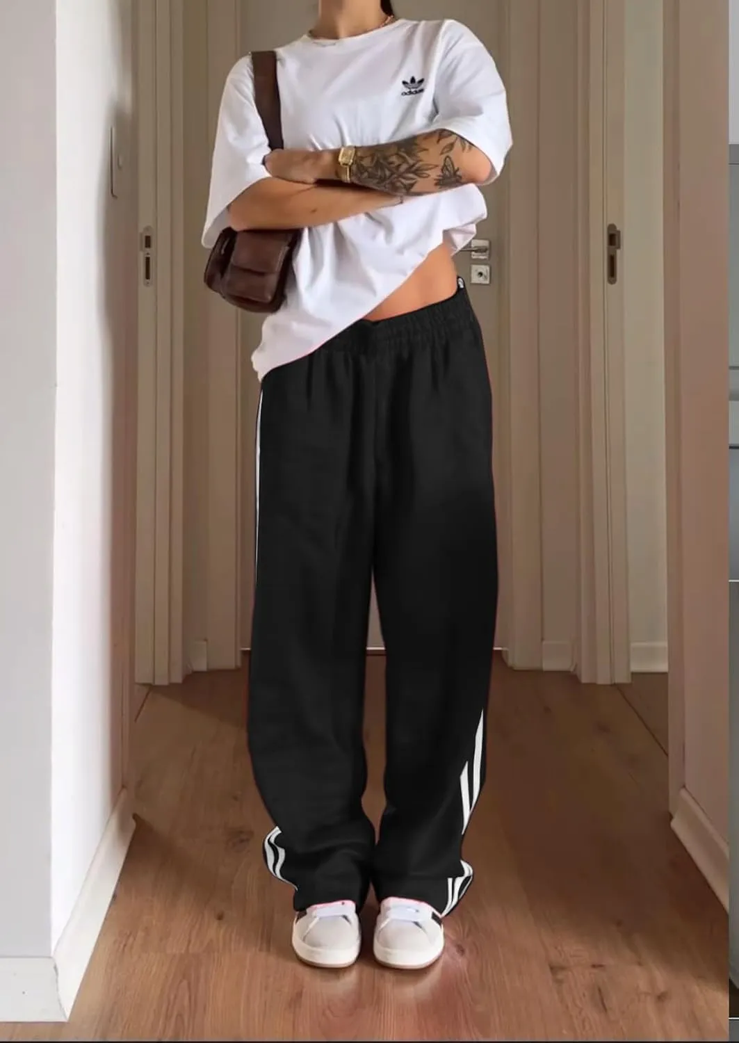 Women Striped Side Track Pants Y2k Baggy Wide Leg Jogger Sweatpants Elastic High Waist Parachute Cargo Trousers
