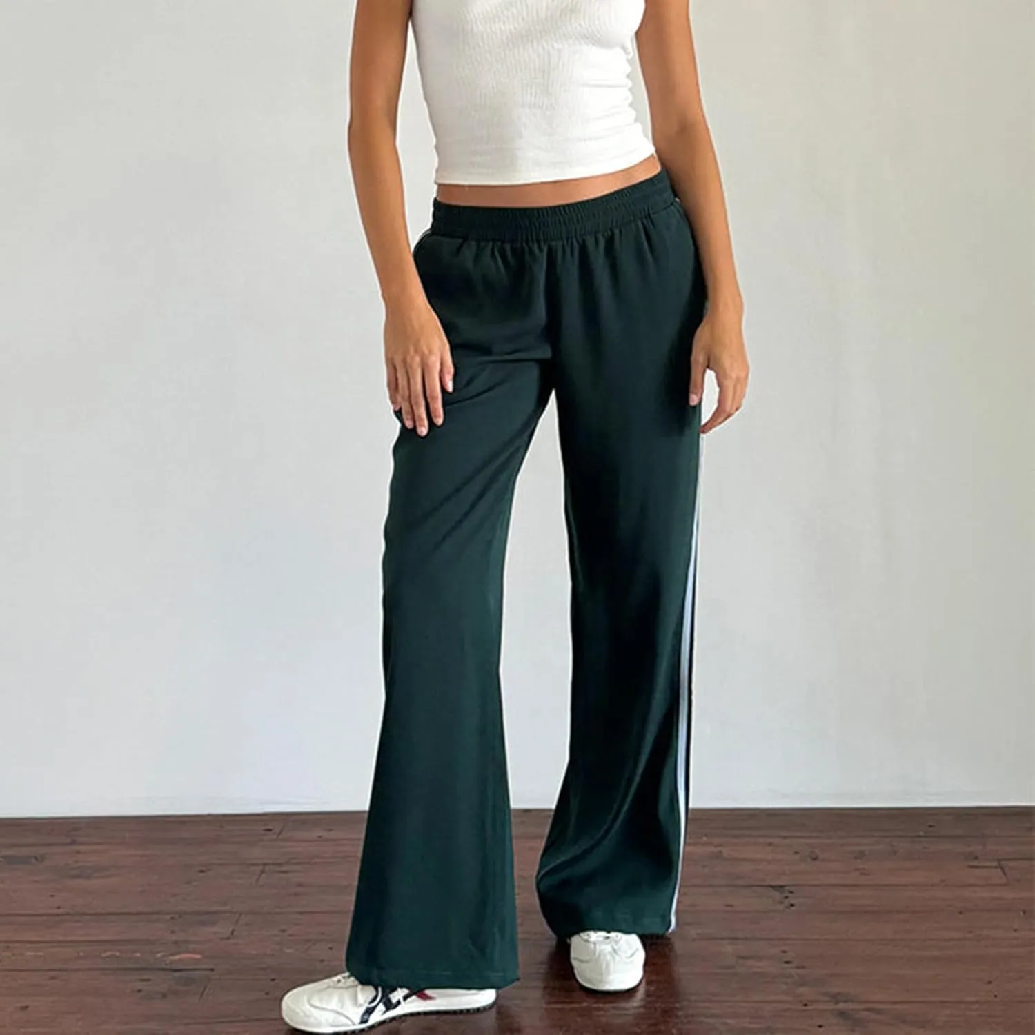 Women Striped Side Track Pants Y2k Baggy Wide Leg Jogger Sweatpants Elastic High Waist Parachute Cargo Trousers