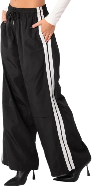 Women Striped Side Track Pants Y2k Baggy Wide Leg Jogger Sweatpants Elastic High Waist Parachute Cargo Trousers