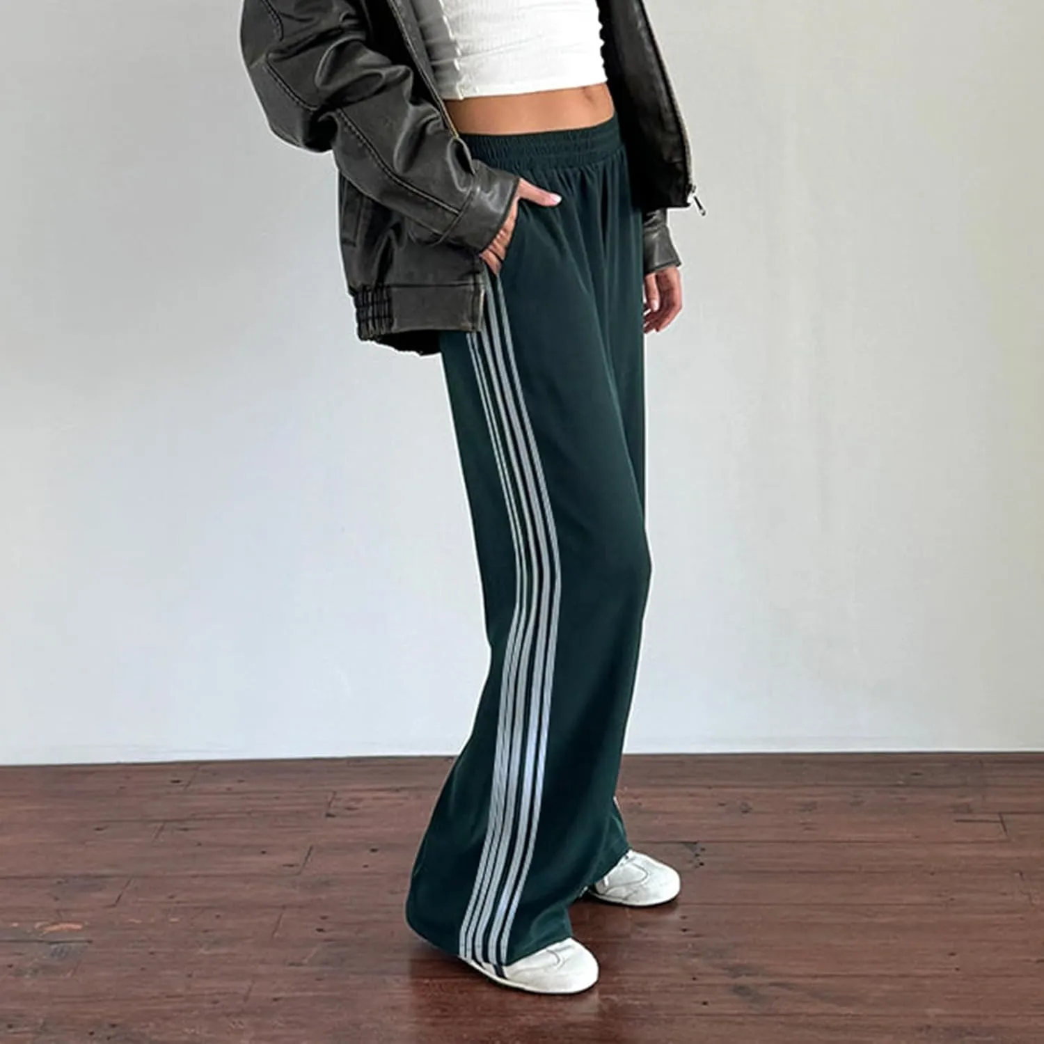 Women Striped Side Track Pants Y2k Baggy Wide Leg Jogger Sweatpants Elastic High Waist Parachute Cargo Trousers