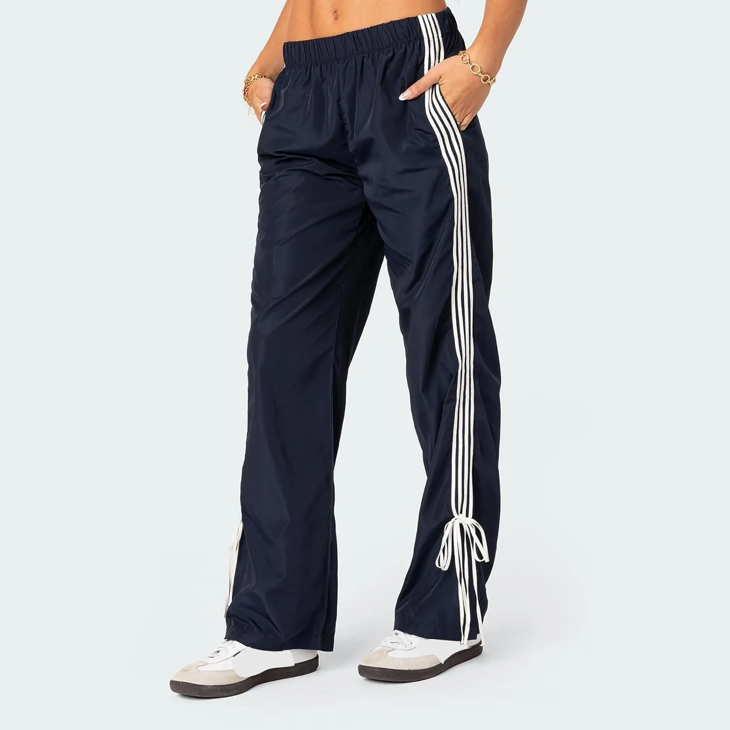 Women Striped Side Track Pants Y2k Baggy Wide Leg Jogger Sweatpants Elastic High Waist Parachute Cargo Trousers