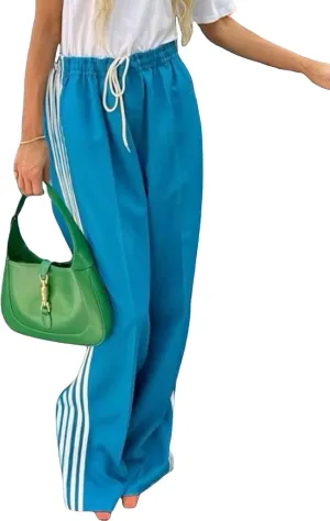 Women Striped Side Track Pants Y2k Baggy Wide Leg Jogger Sweatpants Elastic High Waist Parachute Cargo Trousers