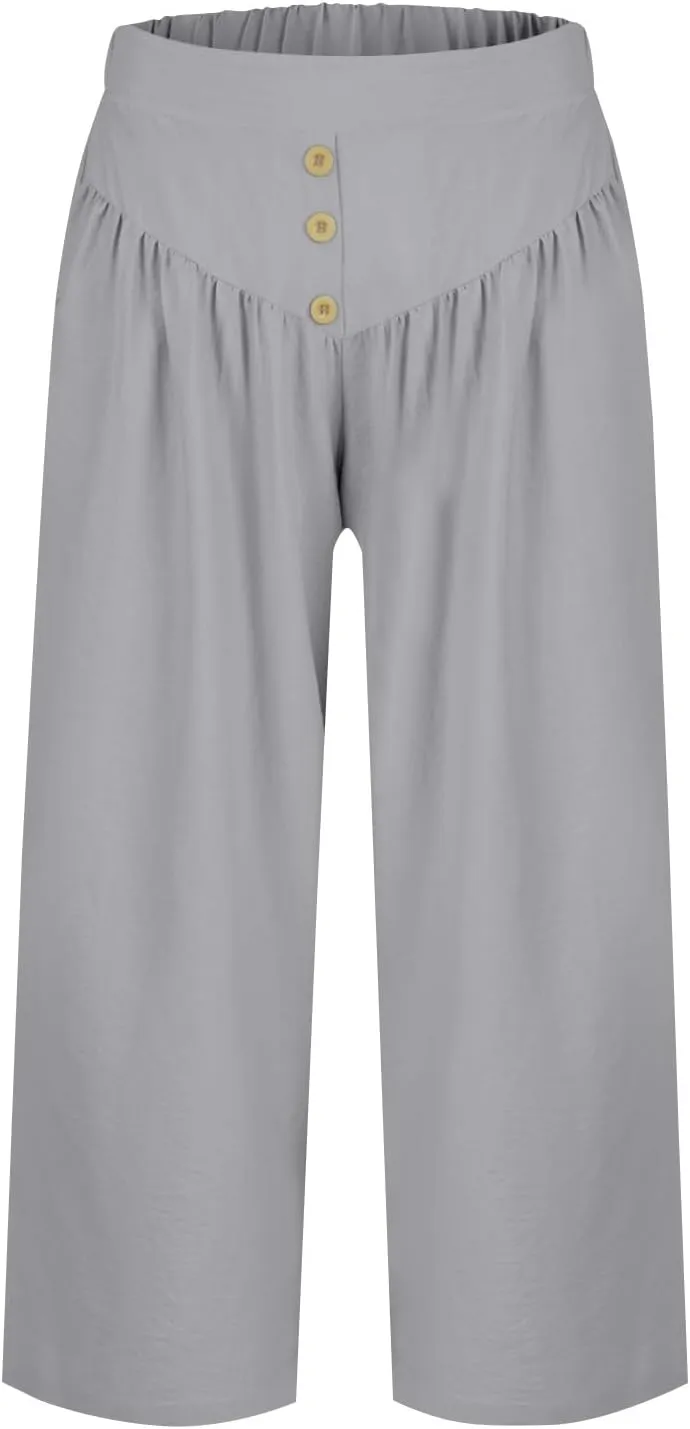Women Summer High Waisted Cotton Linen Palazzo Pants Casual Wide Leg Long Flowy Dressy Beach Lounge Trousers