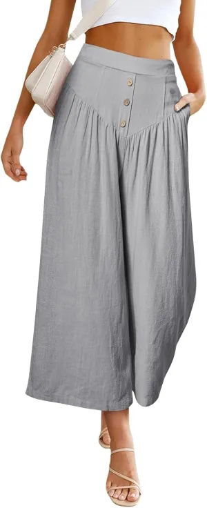 Women Summer High Waisted Cotton Linen Palazzo Pants Casual Wide Leg Long Flowy Dressy Beach Lounge Trousers