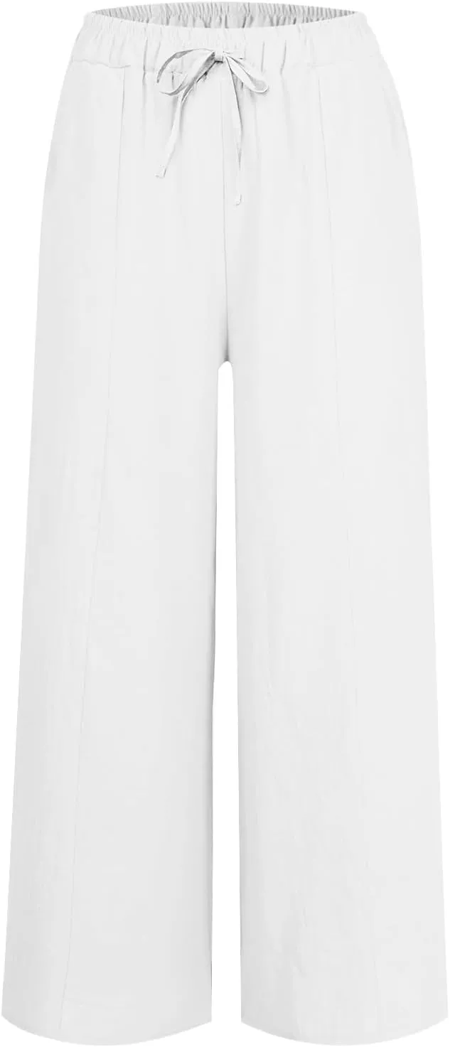 Women Summer High Waisted Cotton Linen Palazzo Pants Casual Wide Leg Long Flowy Dressy Beach Lounge Trousers