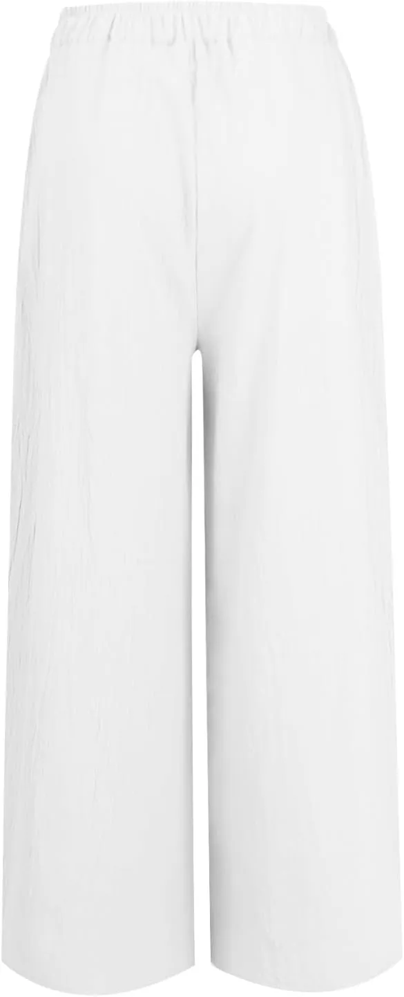 Women Summer High Waisted Cotton Linen Palazzo Pants Casual Wide Leg Long Flowy Dressy Beach Lounge Trousers