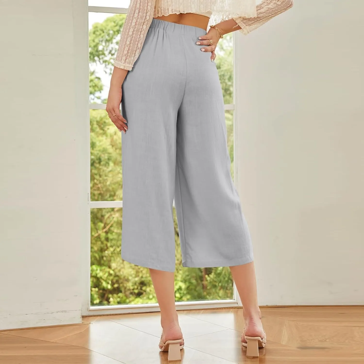 Women Summer High Waisted Cotton Linen Palazzo Pants Casual Wide Leg Long Flowy Dressy Beach Lounge Trousers