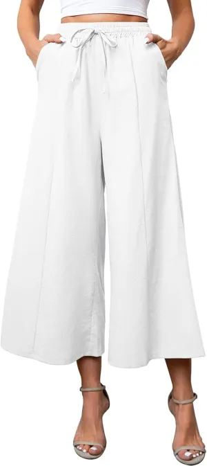Women Summer High Waisted Cotton Linen Palazzo Pants Casual Wide Leg Long Flowy Dressy Beach Lounge Trousers