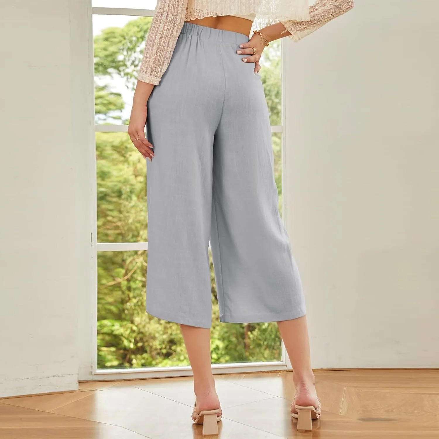 Women Summer High Waisted Cotton Linen Palazzo Pants Casual Wide Leg Long Flowy Dressy Beach Lounge Trousers