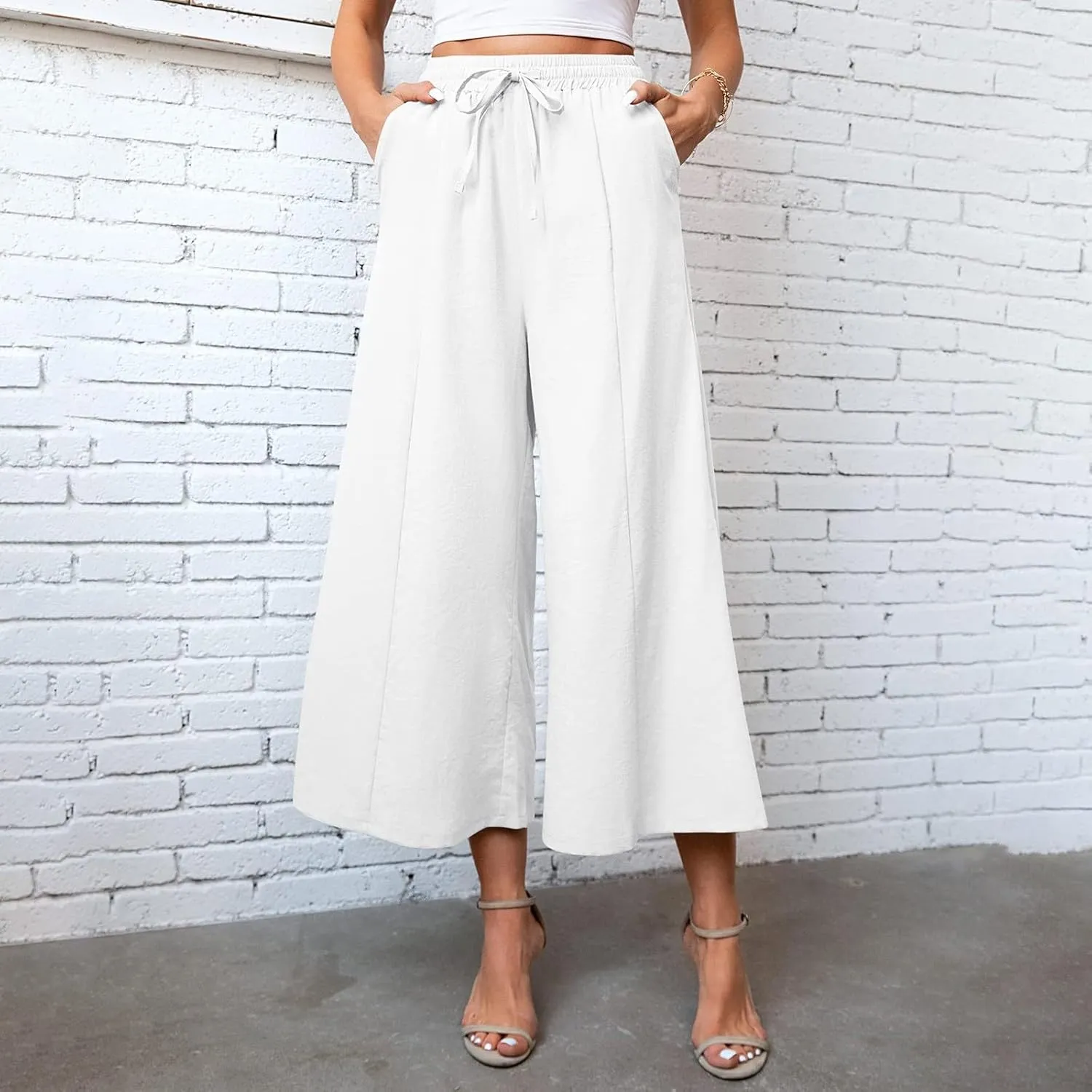 Women Summer High Waisted Cotton Linen Palazzo Pants Casual Wide Leg Long Flowy Dressy Beach Lounge Trousers