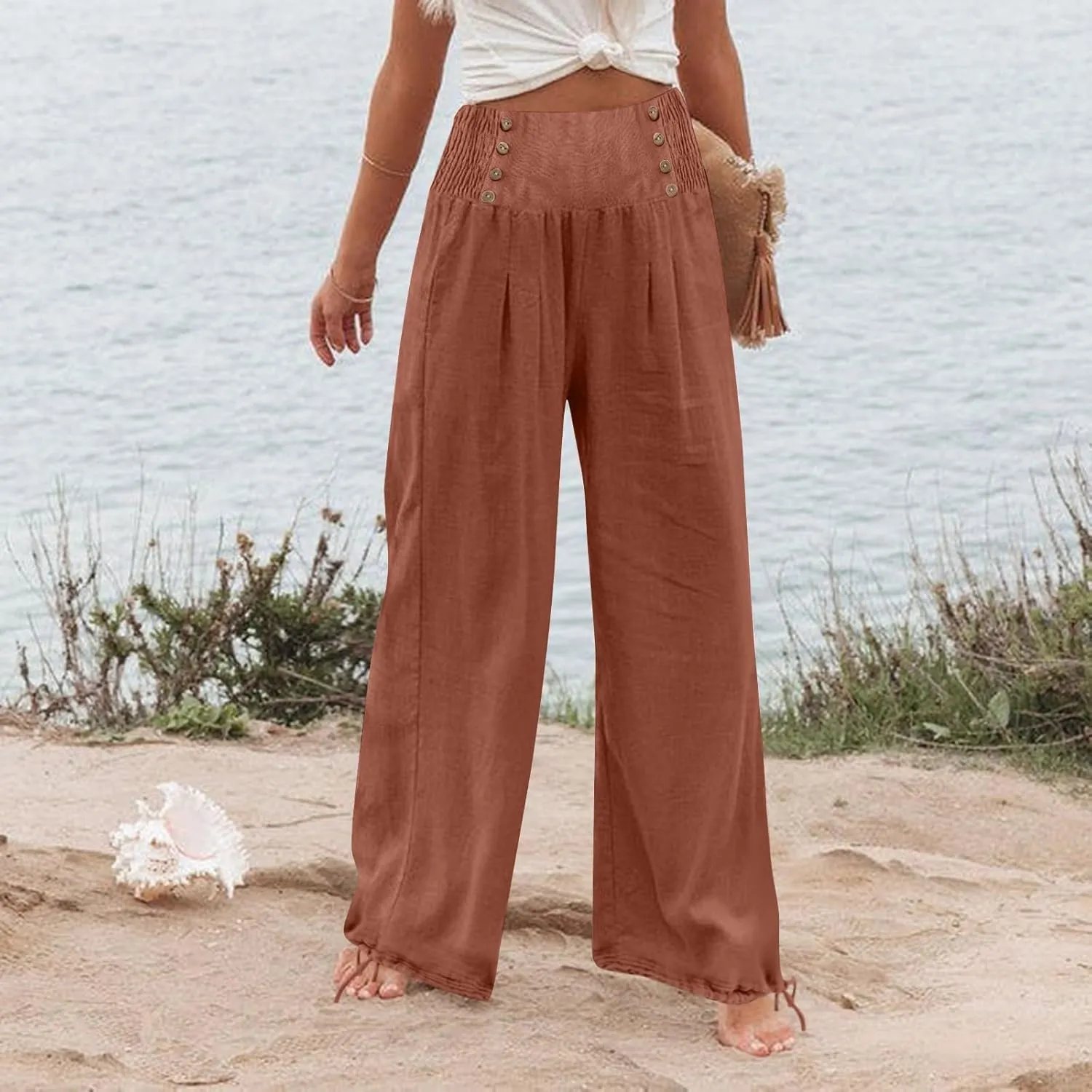 Women Summer High Waisted Wide Leg Lounge Smocked High Waist Loose Fit Linen Beach Lounge Pants with Pockets