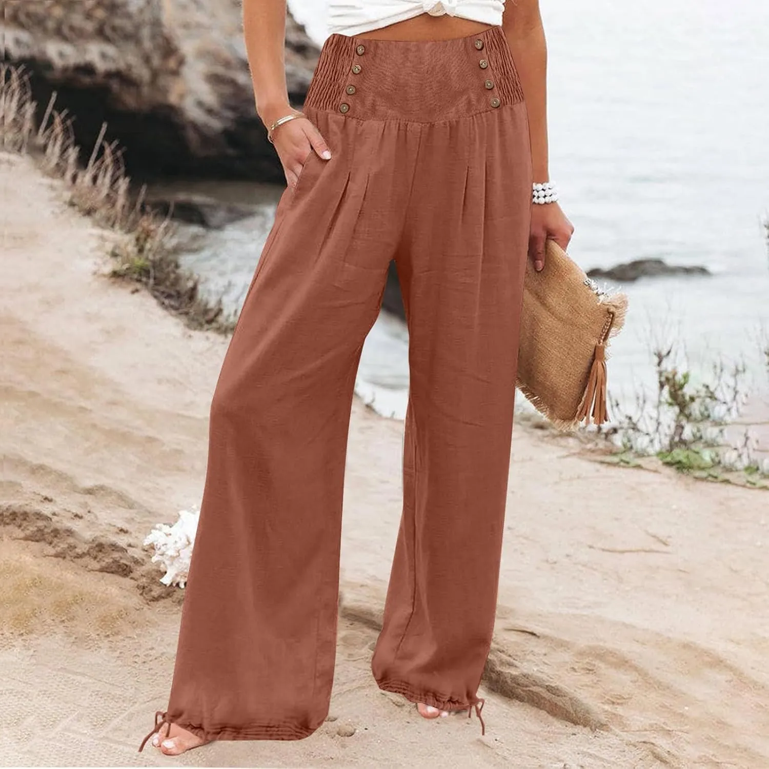 Women Summer High Waisted Wide Leg Lounge Smocked High Waist Loose Fit Linen Beach Lounge Pants with Pockets