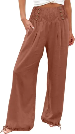 Women Summer High Waisted Wide Leg Lounge Smocked High Waist Loose Fit Linen Beach Lounge Pants with Pockets