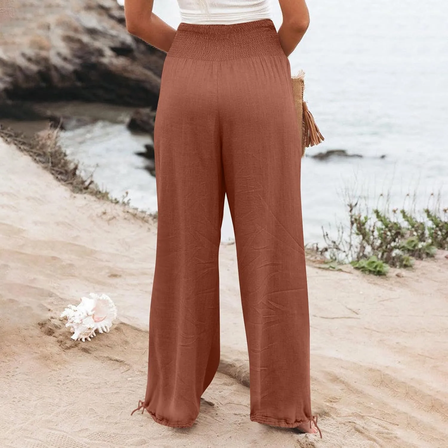 Women Summer High Waisted Wide Leg Lounge Smocked High Waist Loose Fit Linen Beach Lounge Pants with Pockets