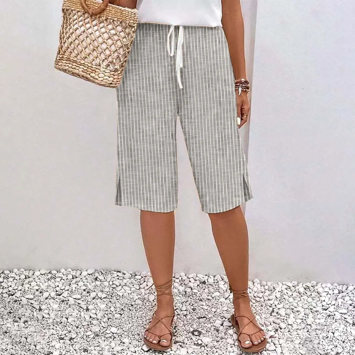 Women Summer Lightweight Linen Shorts Trendy Stripe Casual Beach Palazzo Trouser Quick-Dry Vacation Active Sport Pant