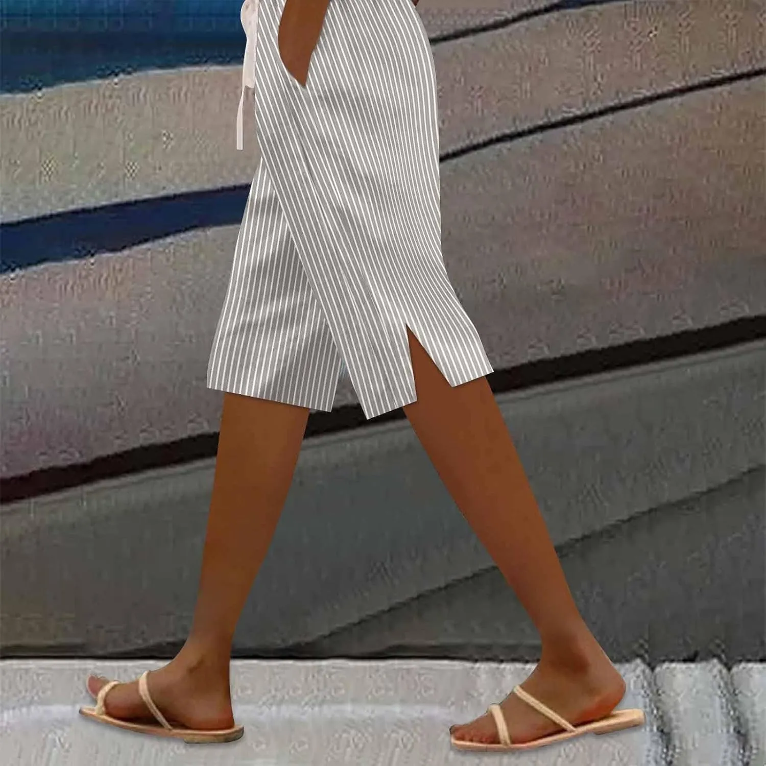 Women Summer Lightweight Linen Shorts Trendy Stripe Casual Beach Palazzo Trouser Quick-Dry Vacation Active Sport Pant