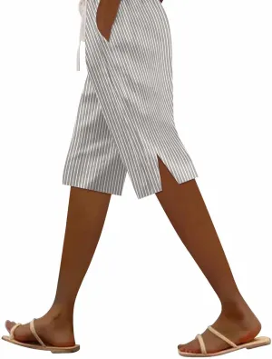 Women Summer Lightweight Linen Shorts Trendy Stripe Casual Beach Palazzo Trouser Quick-Dry Vacation Active Sport Pant