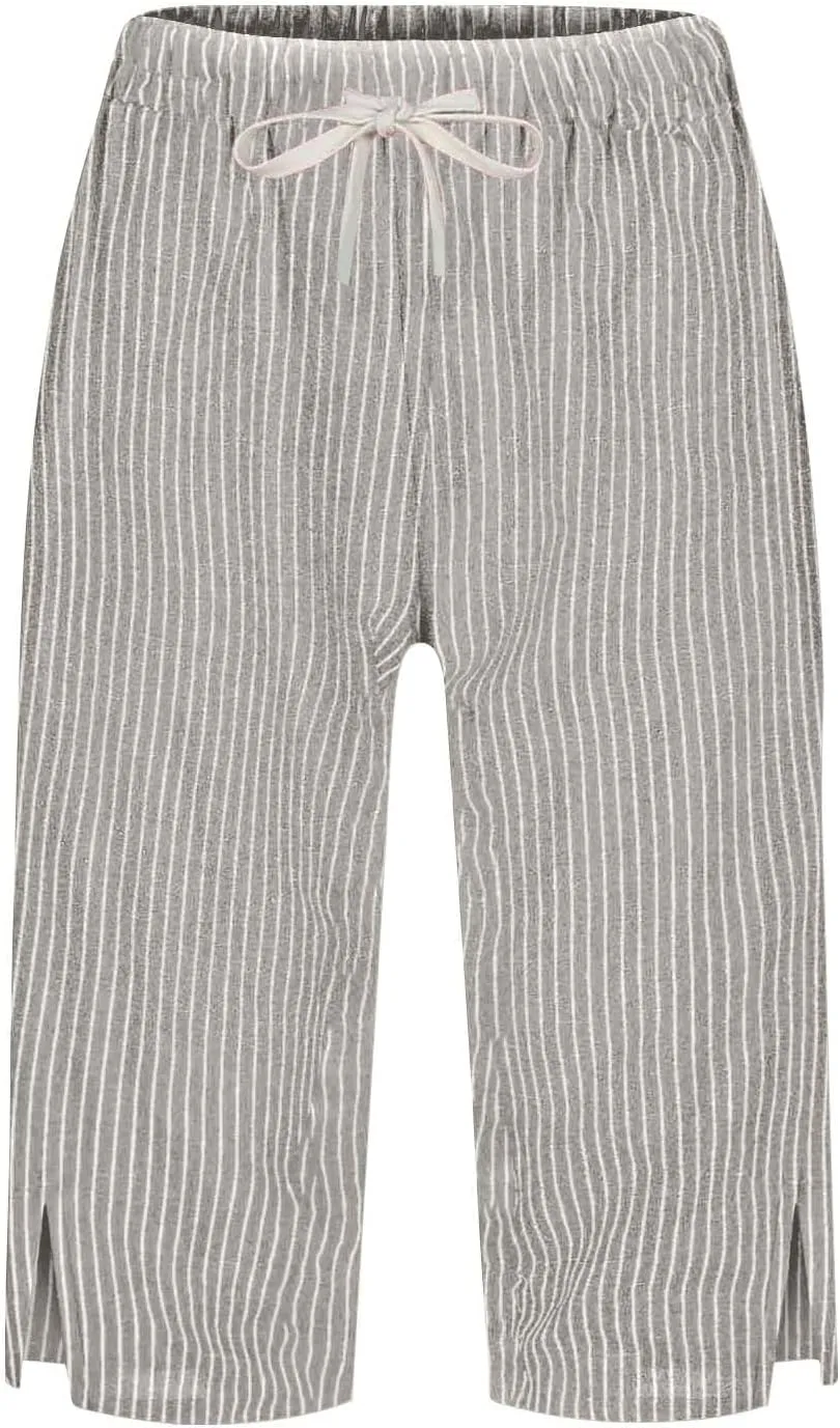 Women Summer Lightweight Linen Shorts Trendy Stripe Casual Beach Palazzo Trouser Quick-Dry Vacation Active Sport Pant