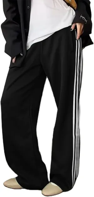 Women Track Pants Wide Leg Striped Sweatpants Elastic High Waist Baggy Pants with Pockets