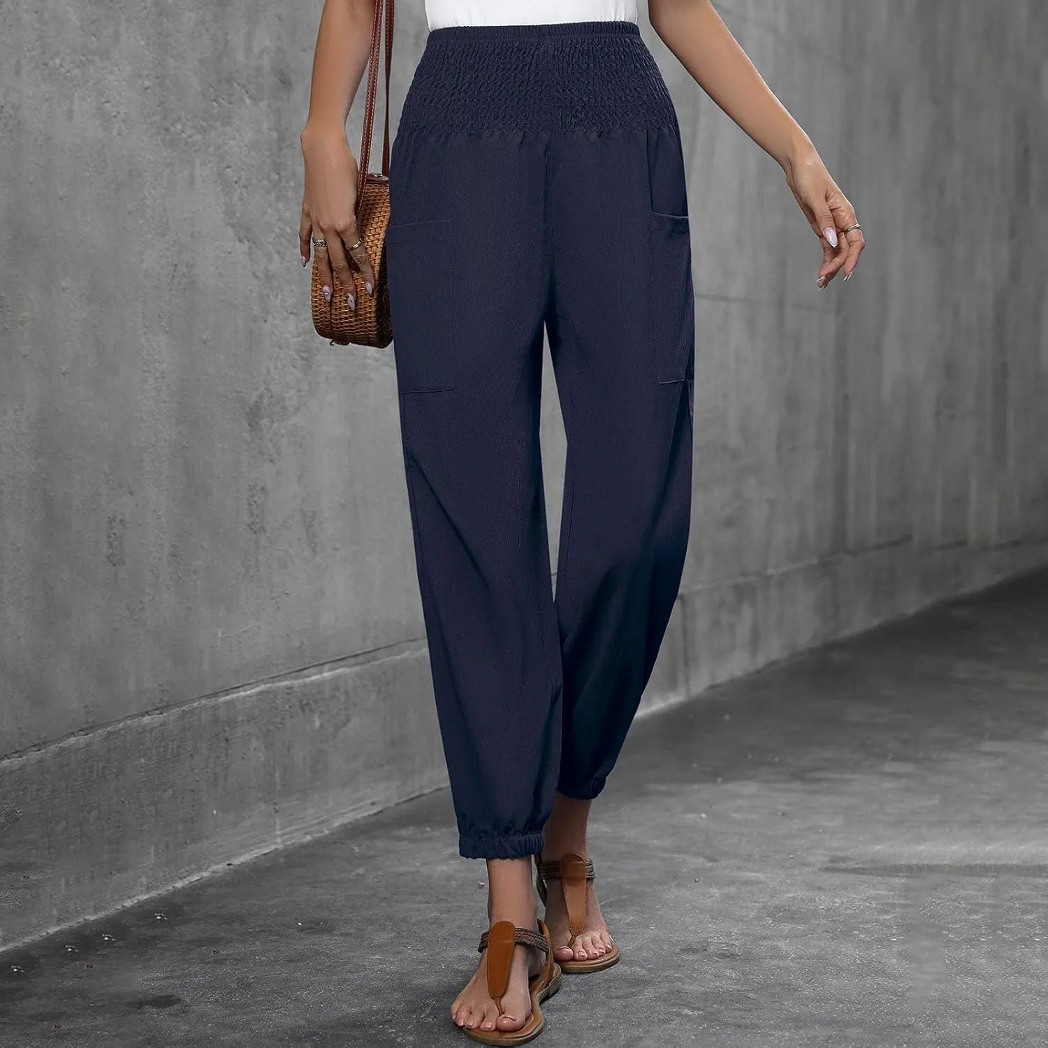 Women Wide Leg Flowy Pants 2025 Summer Casual High Waisted Baggy Loose Boho Beach Vacation Palazzo Lantern Trousers