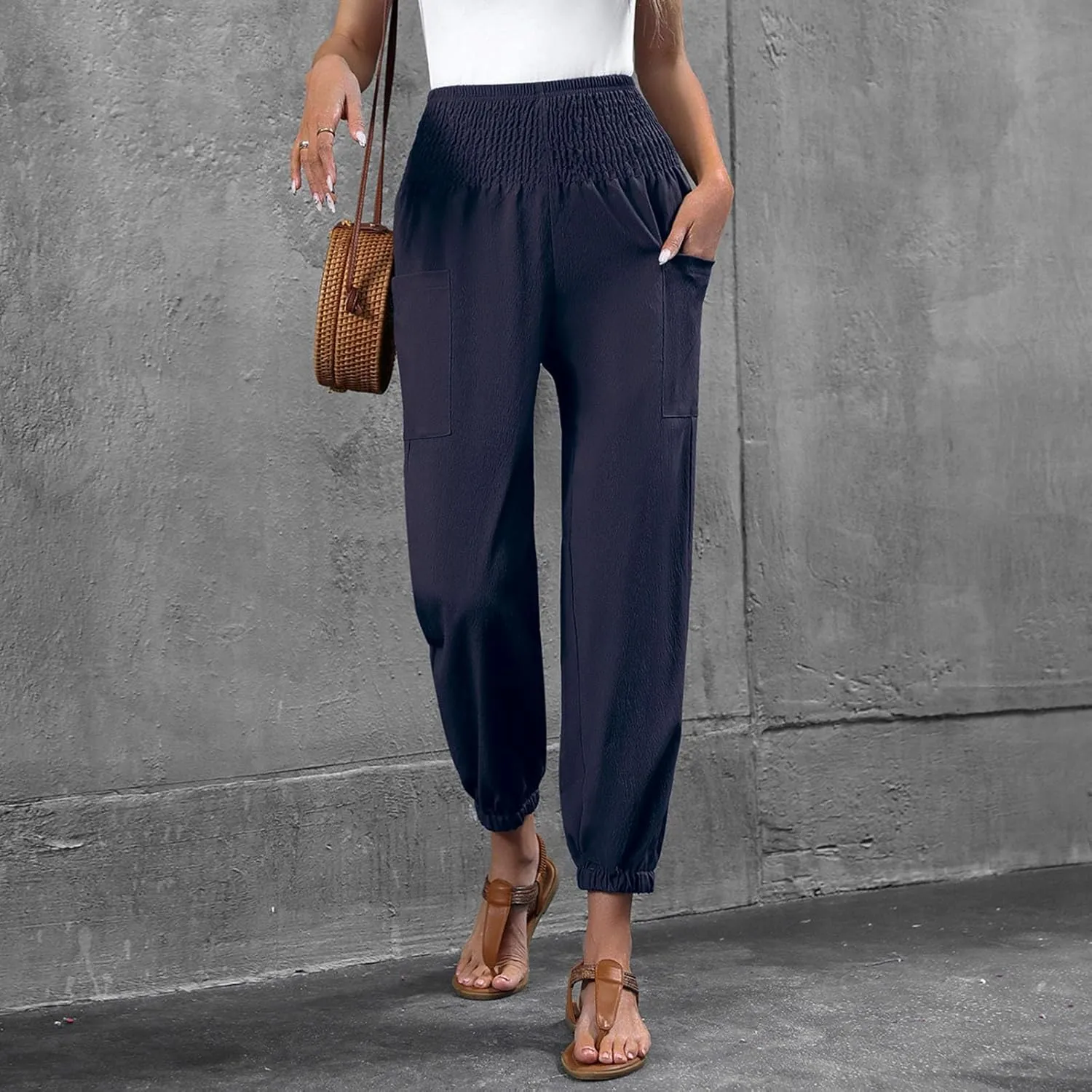 Women Wide Leg Flowy Pants 2025 Summer Casual High Waisted Baggy Loose Boho Beach Vacation Palazzo Lantern Trousers
