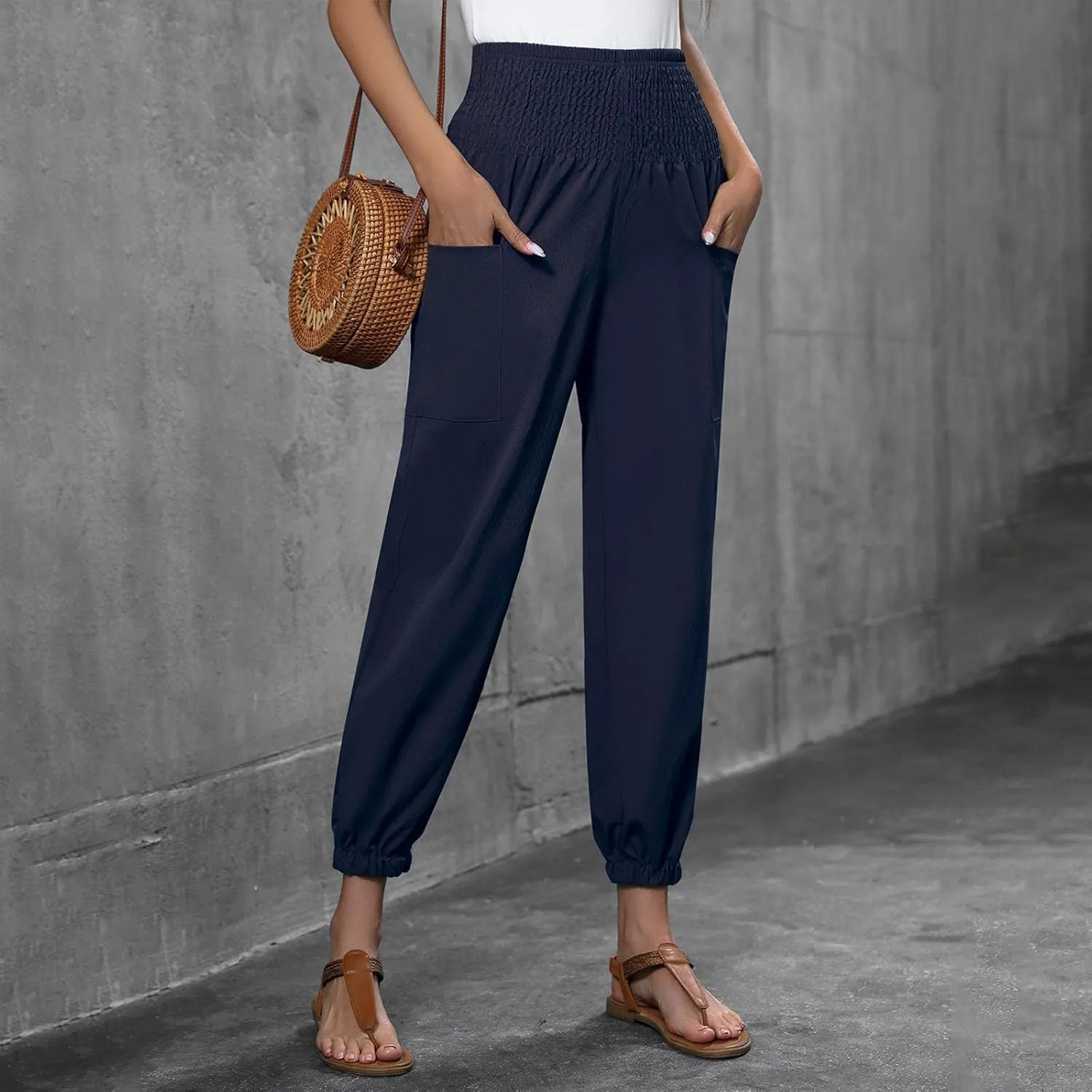 Women Wide Leg Flowy Pants 2025 Summer Casual High Waisted Baggy Loose Boho Beach Vacation Palazzo Lantern Trousers