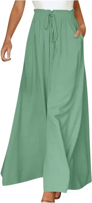 Women Wide Leg Pants Elastic Waisted Chiffon Baggy Flowy Long Lounge Trousers Beach Vacation Pant with Pockets