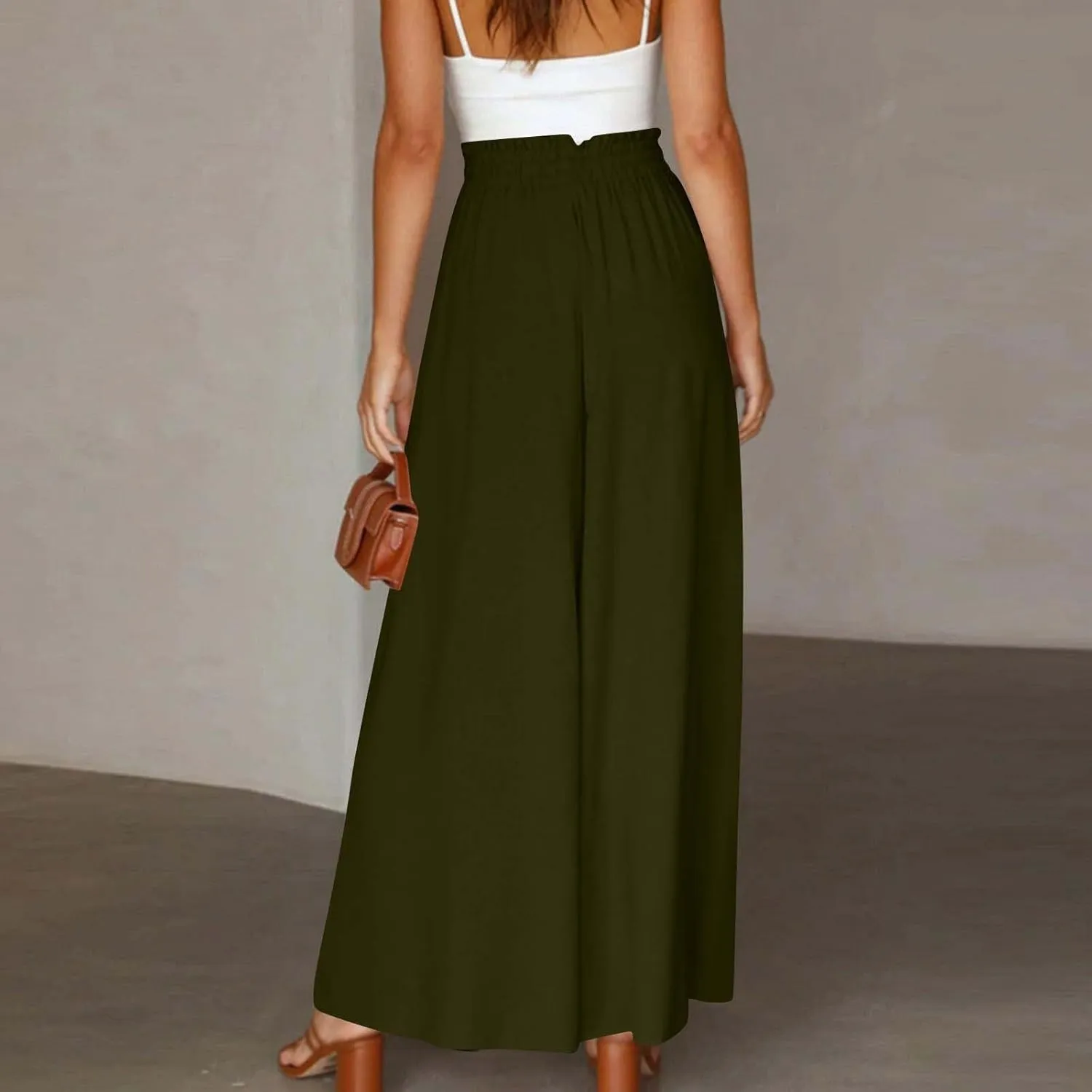 Women Wide Leg Pants Elastic Waisted Chiffon Baggy Flowy Long Lounge Trousers Beach Vacation Pant with Pockets