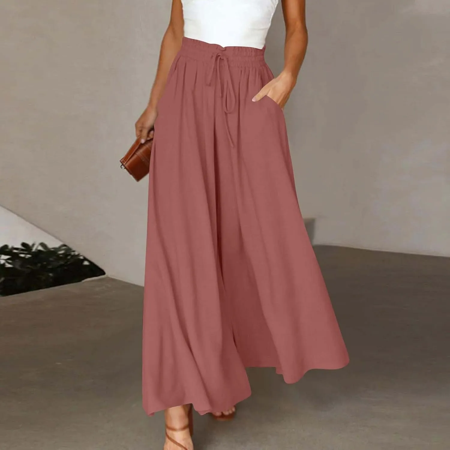 Women Wide Leg Pants Elastic Waisted Chiffon Baggy Flowy Long Lounge Trousers Beach Vacation Pant with Pockets