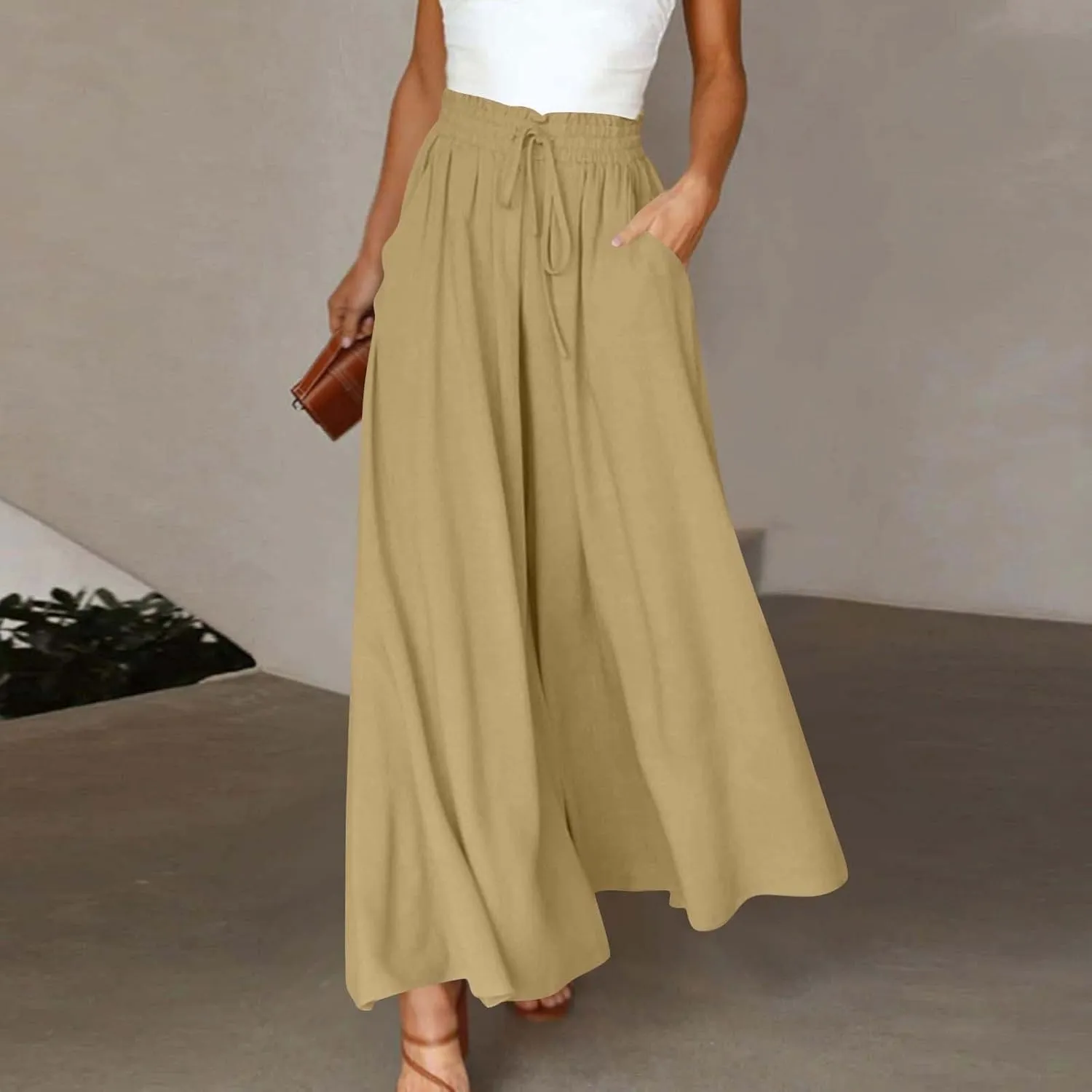 Women Wide Leg Pants Elastic Waisted Chiffon Baggy Flowy Long Lounge Trousers Beach Vacation Pant with Pockets