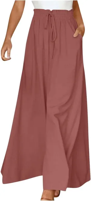 Women Wide Leg Pants Elastic Waisted Chiffon Baggy Flowy Long Lounge Trousers Beach Vacation Pant with Pockets