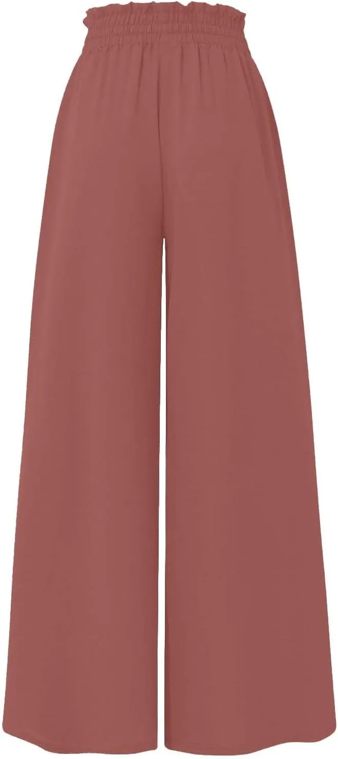 Women Wide Leg Pants Elastic Waisted Chiffon Baggy Flowy Long Lounge Trousers Beach Vacation Pant with Pockets