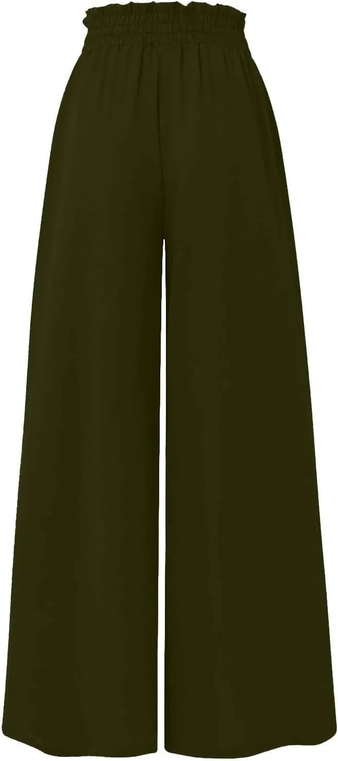 Women Wide Leg Pants Elastic Waisted Chiffon Baggy Flowy Long Lounge Trousers Beach Vacation Pant with Pockets
