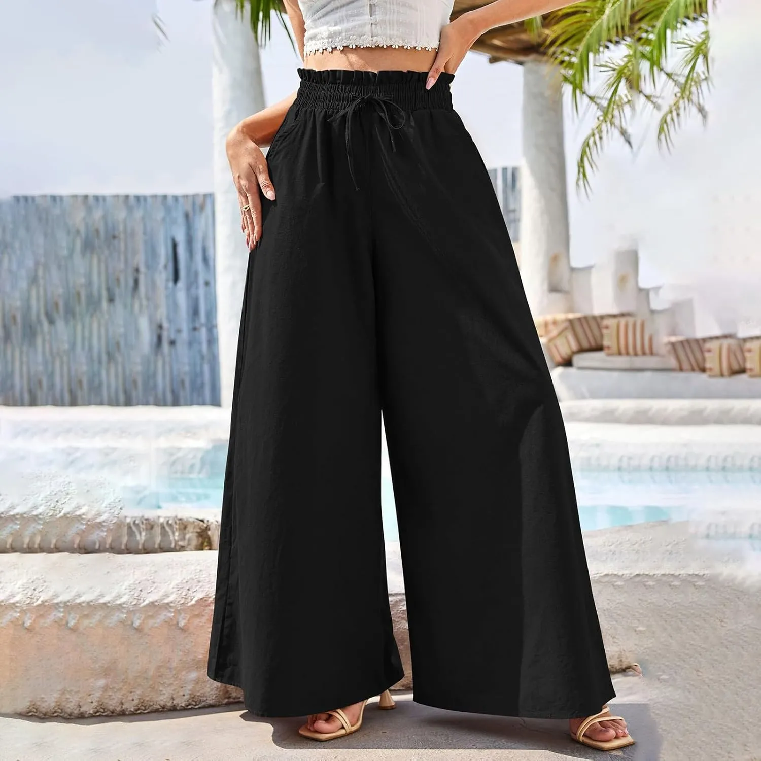 Women Wide Leg Pants Palazzo High Waist Smock Waist Linen Casual Loose Drawstring Flowy Lounge Trousers with Pockets