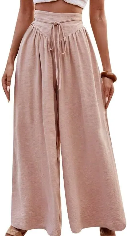 Women Wide Leg Pants Palazzo High Waist Smock Waist Linen Casual Loose Drawstring Flowy Lounge Trousers with Pockets