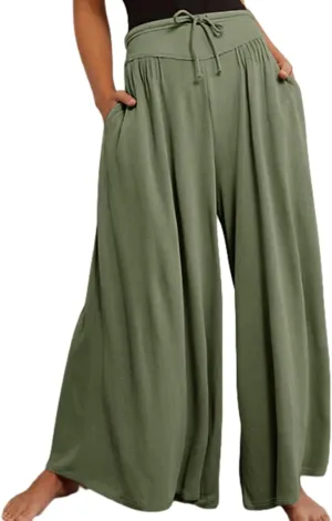Women Wide Leg Pants Palazzo High Waist Smock Waist Linen Casual Loose Drawstring Flowy Lounge Trousers with Pockets