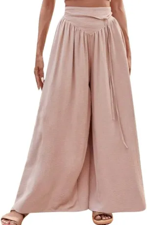 Women Wide Leg Pants Palazzo High Waist Smock Waist Linen Casual Loose Drawstring Flowy Lounge Trousers with Pockets