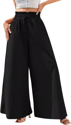 Women Wide Leg Pants Palazzo High Waist Smock Waist Linen Casual Loose Drawstring Flowy Lounge Trousers with Pockets