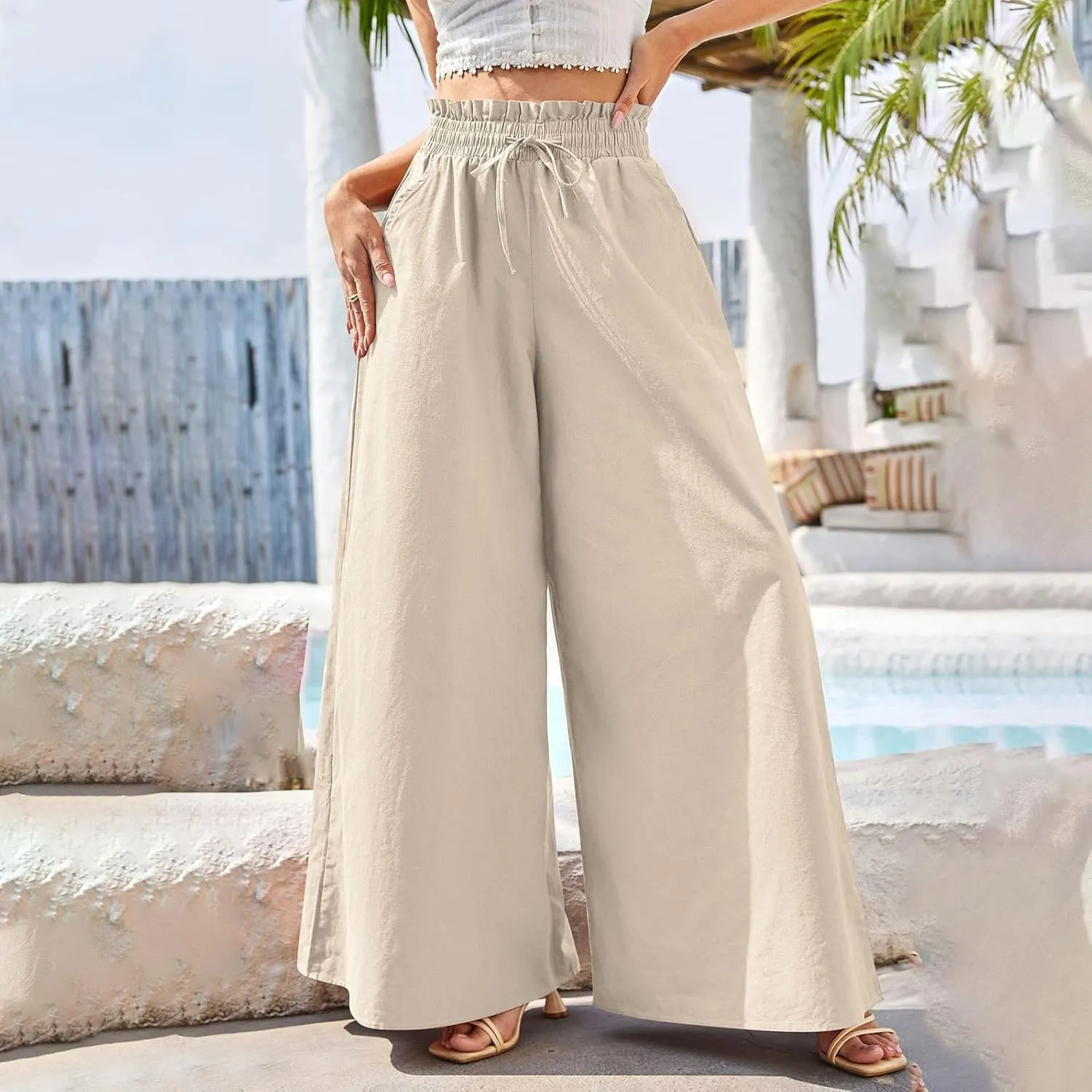 Women Wide Leg Pants Palazzo High Waist Smock Waist Linen Casual Loose Drawstring Flowy Lounge Trousers with Pockets