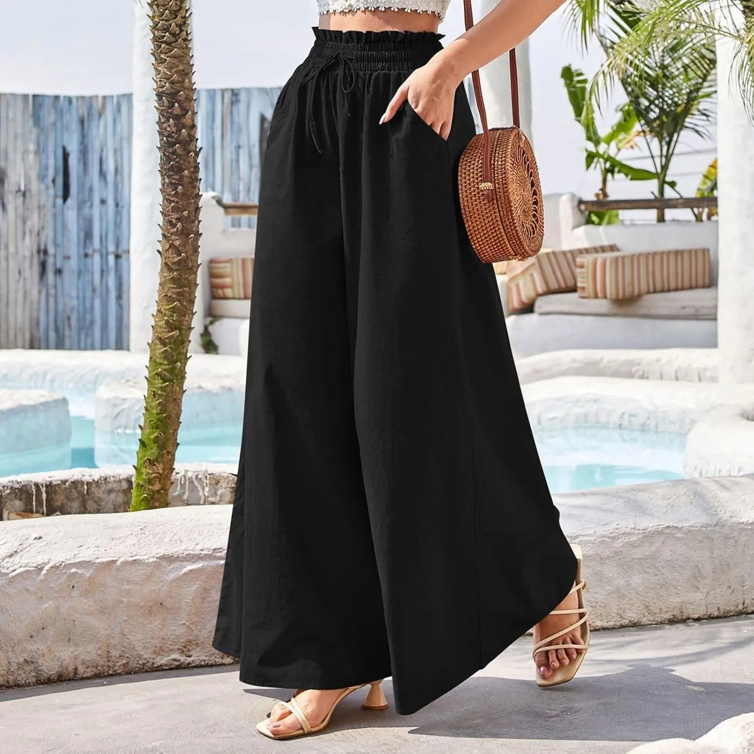 Women Wide Leg Pants Palazzo High Waist Smock Waist Linen Casual Loose Drawstring Flowy Lounge Trousers with Pockets