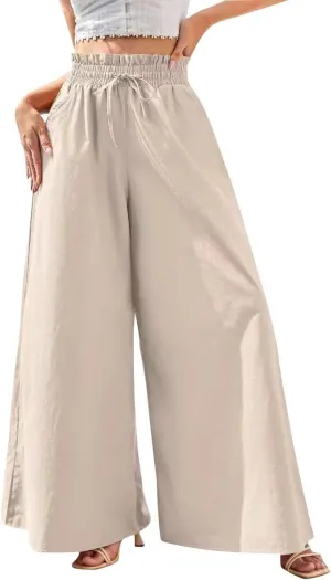Women Wide Leg Pants Palazzo High Waist Smock Waist Linen Casual Loose Drawstring Flowy Lounge Trousers with Pockets