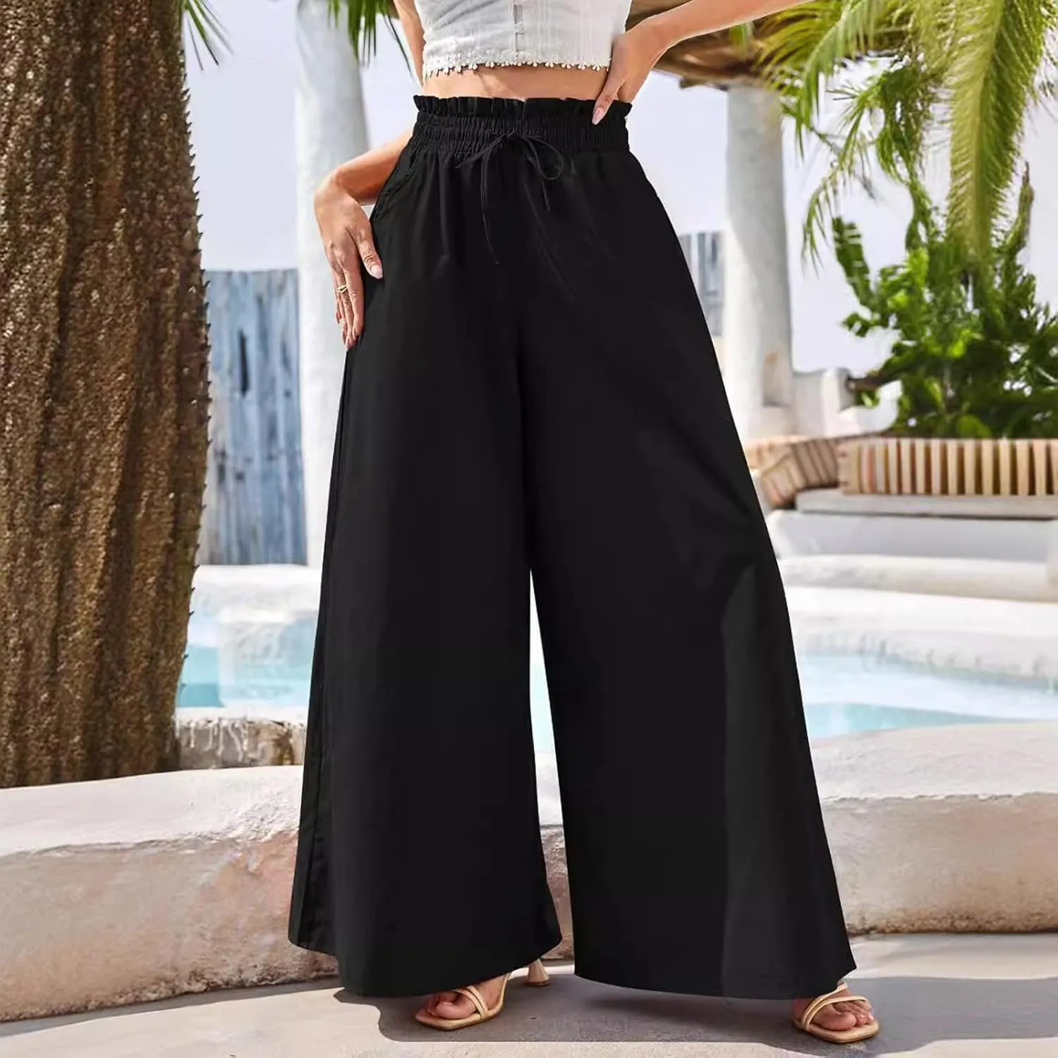 Women Wide Leg Pants Palazzo High Waist Smock Waist Linen Casual Loose Drawstring Flowy Lounge Trousers with Pockets