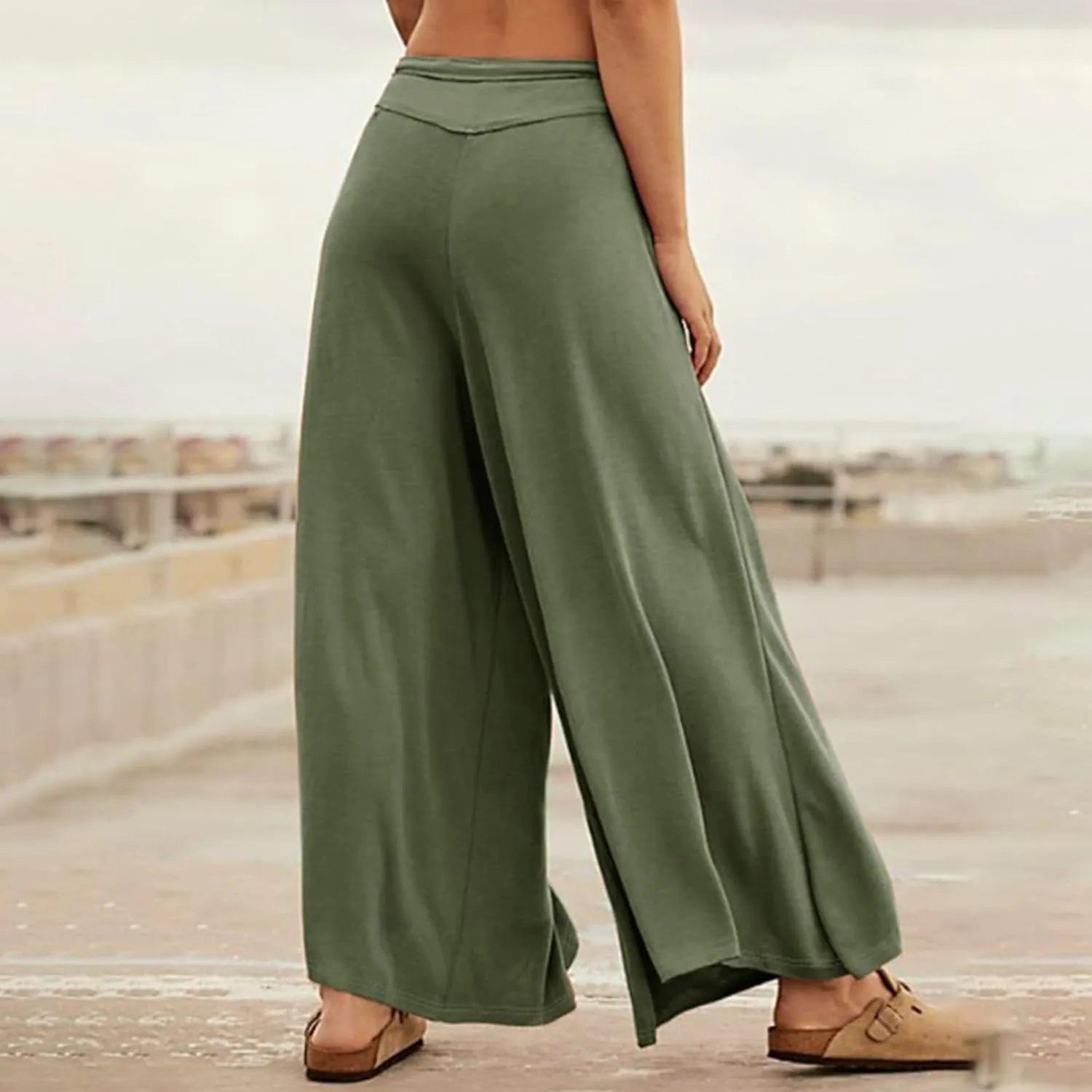 Women Wide Leg Pants Palazzo High Waist Smock Waist Linen Casual Loose Drawstring Flowy Lounge Trousers with Pockets
