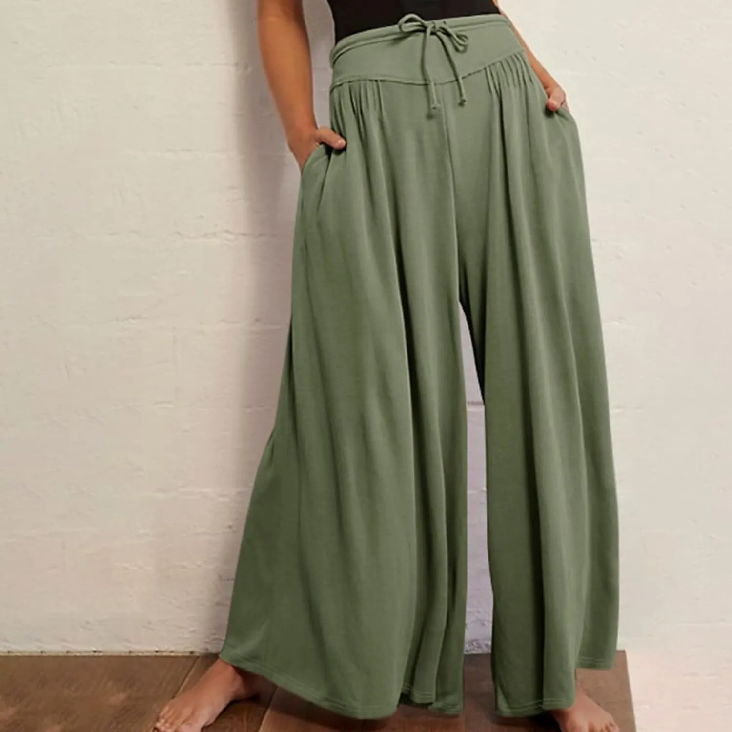 Women Wide Leg Pants Palazzo High Waist Smock Waist Linen Casual Loose Drawstring Flowy Lounge Trousers with Pockets