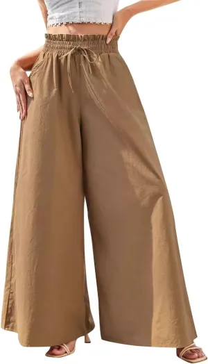 Women Wide Leg Pants Palazzo High Waist Smock Waist Linen Casual Loose Drawstring Flowy Lounge Trousers with Pockets